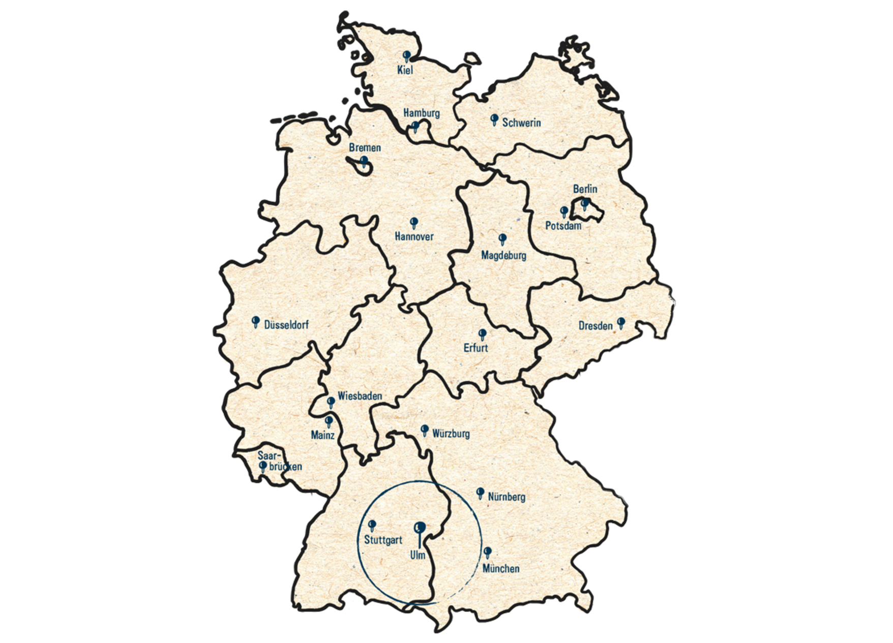 Abbildung Deutschlandkarte mit dem Radius 100 km um Ulm eingezeichnet