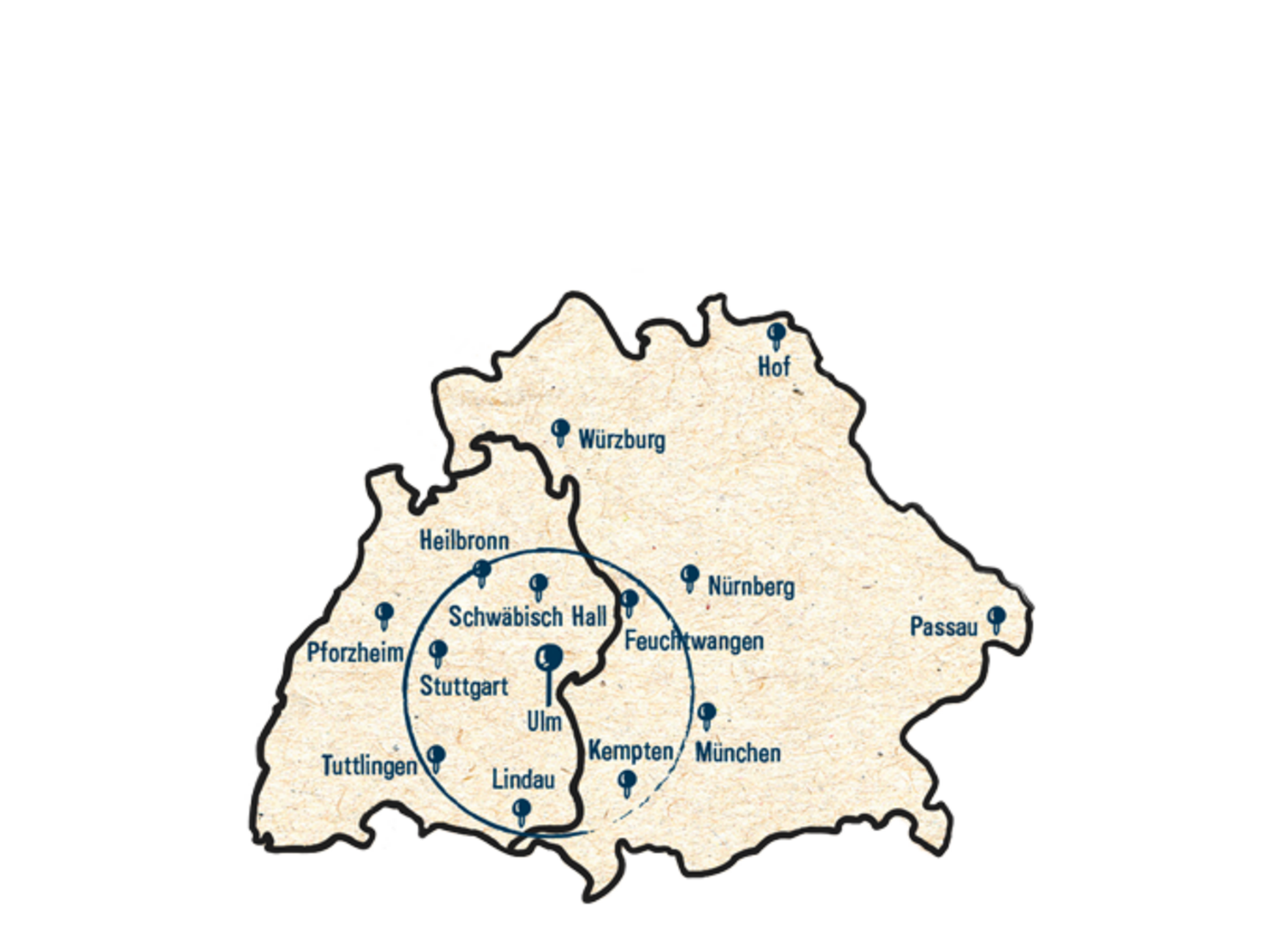 Abbildung Baden-Württemberg und Bayern mit dem Radius 100 km eingezeichnet